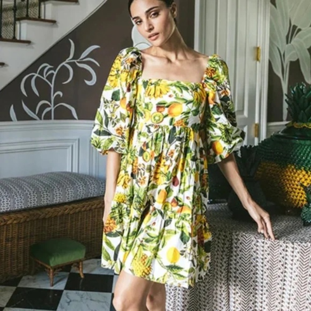 Cara Cara Sip Sip White Puff Sleeve Dress in Banana Fruit Print - S
